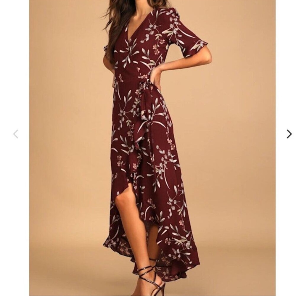 Lulus Wild Winds Burgundy Floral Print High-Low Wrap Dress NWT Size XL